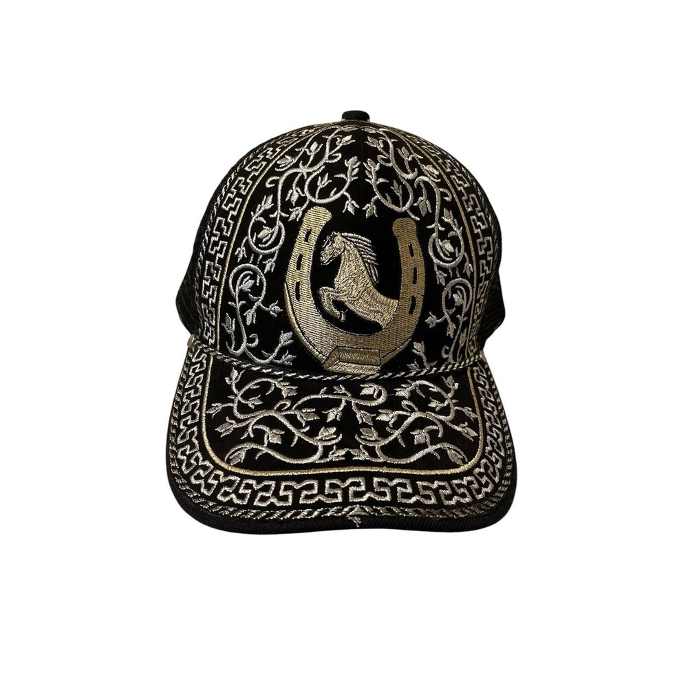 Horse Caballo Black Silver Traditional Charro Trucker Hat Cap